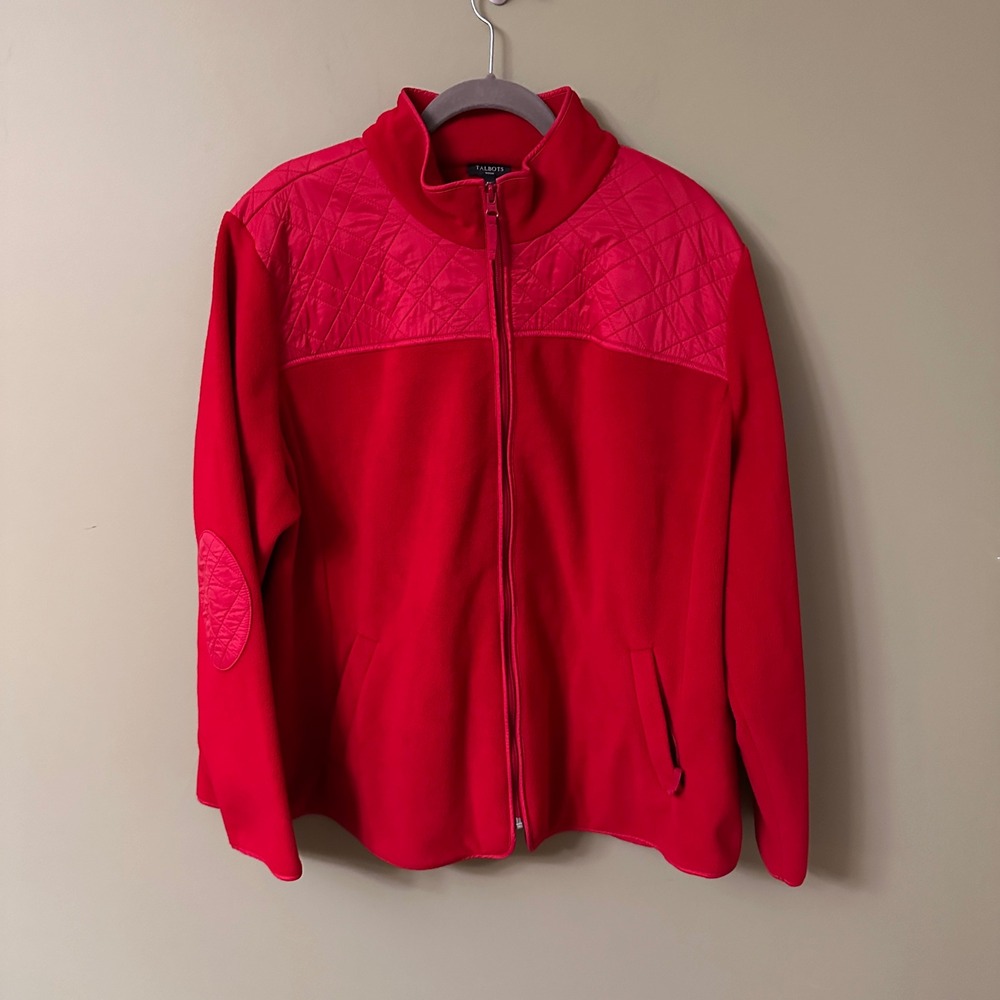 Talbots Woman Red Fleece Quilted Zip Up Jacket‎ 3X Elbow Patches